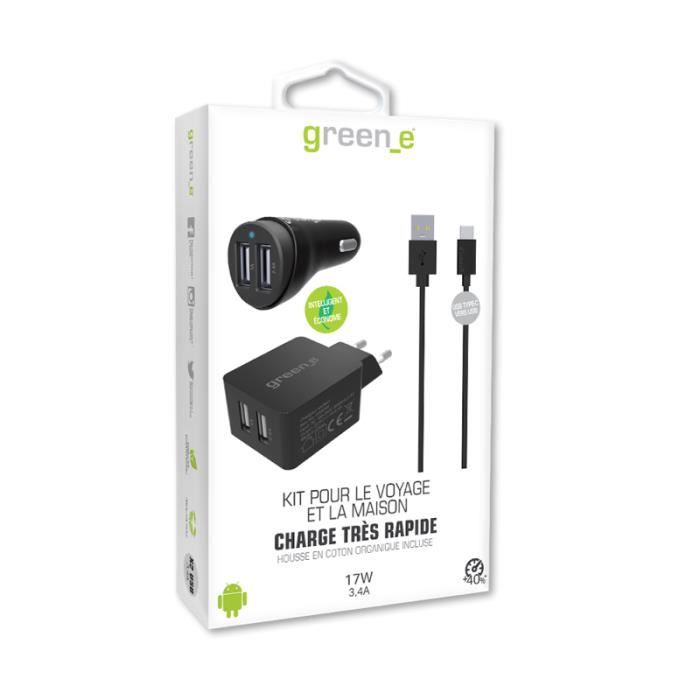 GREEN_E Kit 2USB fastcharge car + secteur + Cable type C - 1,3m - Blanc