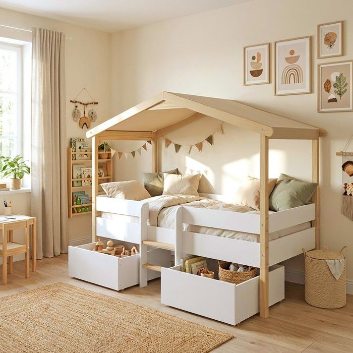 Lit cabane PILOTI 90x190 + 2 tiroirs + 1 sommier / Blanc et Bois clair