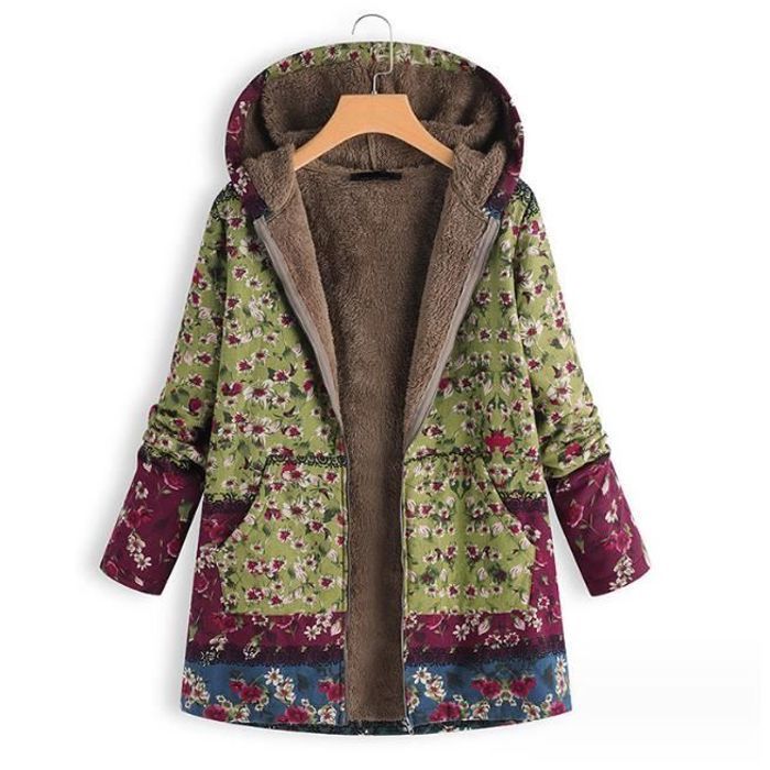 Manteau Hiver Femme Imprimé Floral - Cardigan Long Chaud à Capuche Et Poches