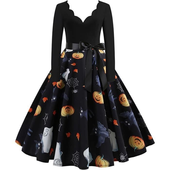 Robe D'Halloween Femme - Imprimé Fantaisie Manches Longues - Style Swing Coktail & Cosplay