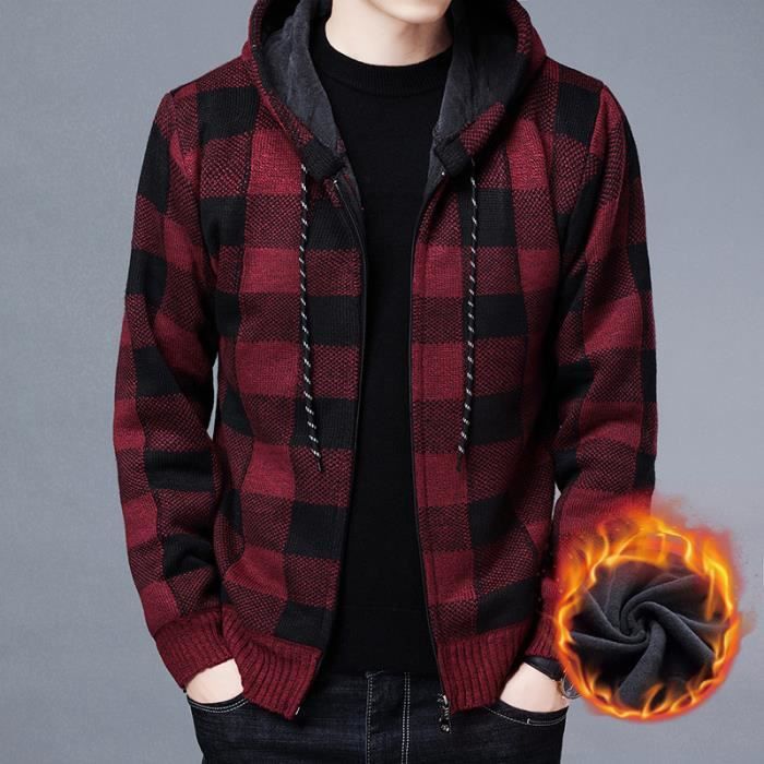 Veste à Capuchon à Fermeture Éclair Homme Chaud à Carreaux Printemps Automne - Rouge Rouge - Prêt-à-Porter Veste à Capuchon à Fermeture Éclair Homme Chaud à Carreaux Printemps Automne - Rouge Rouge - Prêt-à-Porter