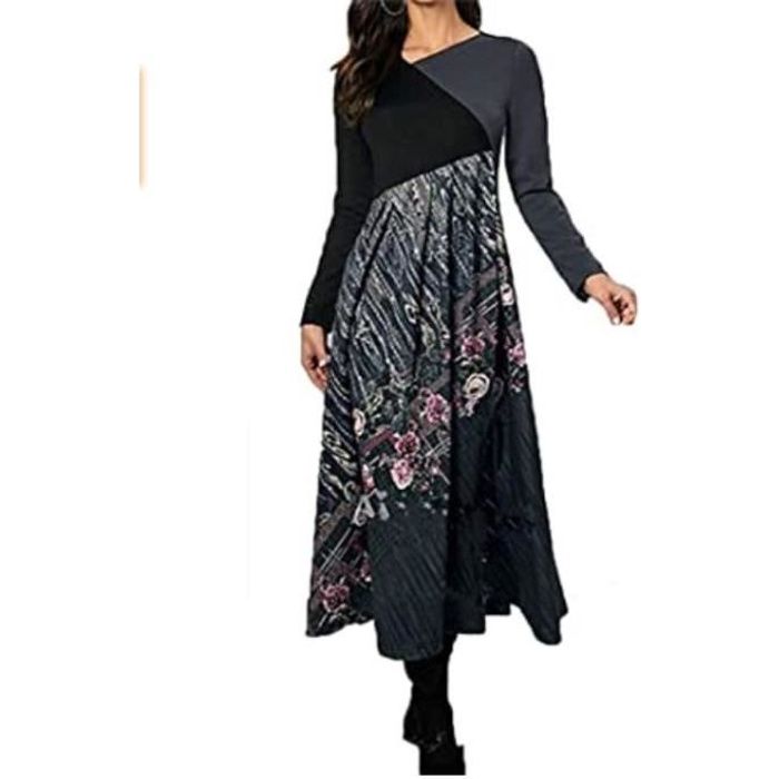 Robe Femme Florale Lâche Automne-Hiver Robe Manches Longues Demi Col