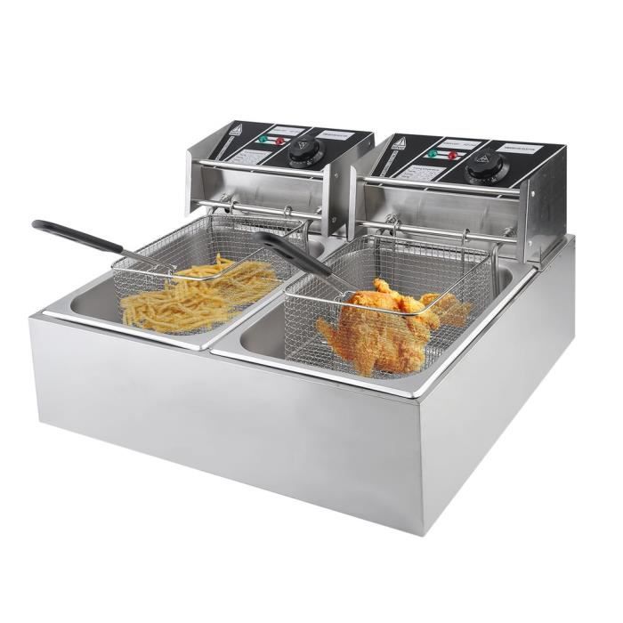 Double Friteuse Électrique Professionnelle 6L Inox 5kW (2x2,5kW) - 2 Paniers + Couvercles - Idéale Restaurant, Snack & Cuisine