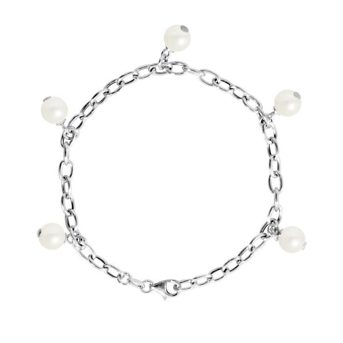 PERLINEA - Bracelet CHARM'S - 5 Véritables Perles de Culture d'Eau Douce 7-8 mm Blanc Naturel - Argent 925 Millièmes - Bijoux Femme