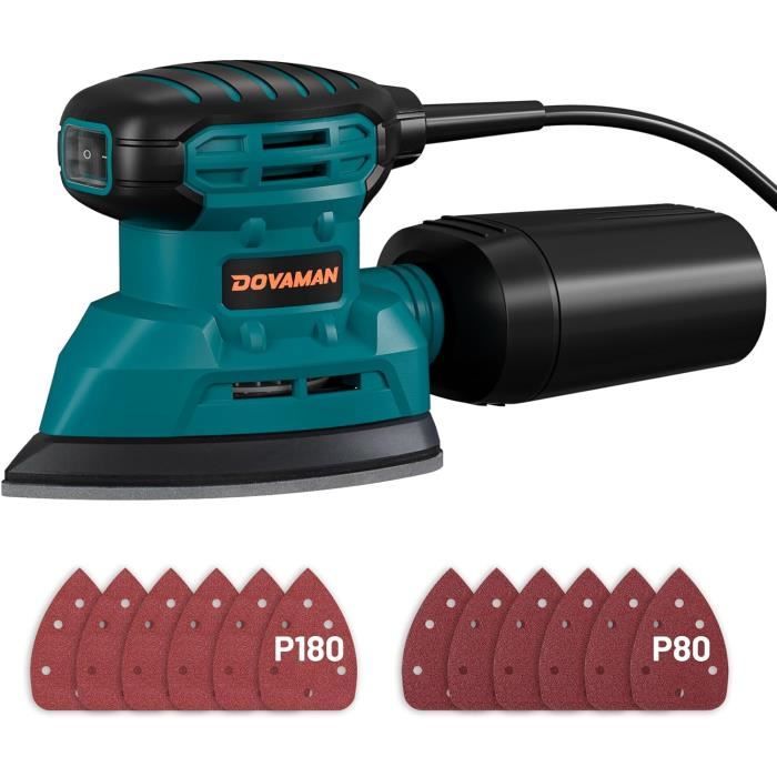 DOVAMAN Ponceuse à Souris 130W - 12000 Tr/min - 12 Papiers Abrasifs Inclus - Double Option Aspiration Poussière - Pour Bois Et Métal