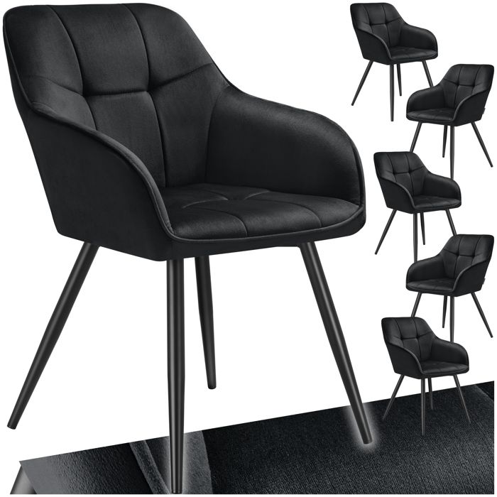 Chaises - TECTAKE - Lot de 6 fauteuils de salle à manger MARYLIN aspect velours et matelassé avec pieds en acier noir - Noir