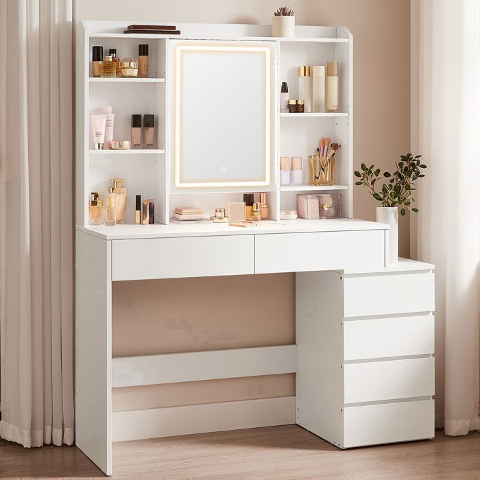 VASAGLE Coiffeuse Grand Miroir LED à Luminosité Réglable L-100cm Compartiments Ouverts Étagères Réglables Blanc
