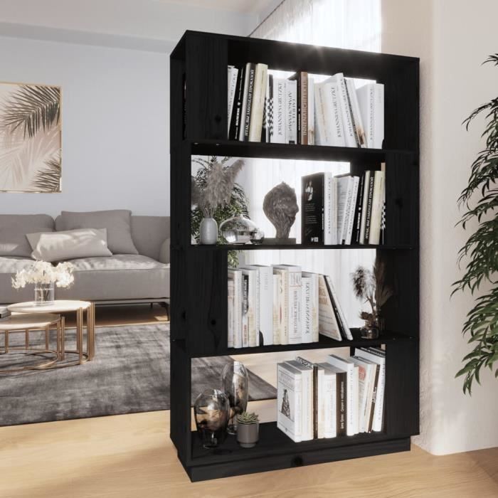 Bibliothèque - Noir - 80x25x132 cm - Bois massif - Meuble de salon - Séparateur de pièce