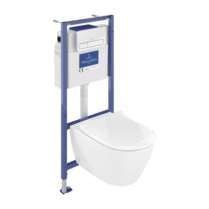 Pack WC sans bride VILLEROY ET BOCH Subway 2.0 abattant frein de chute + bâti support sol et mur Viconnect PRO + plaque Chromé