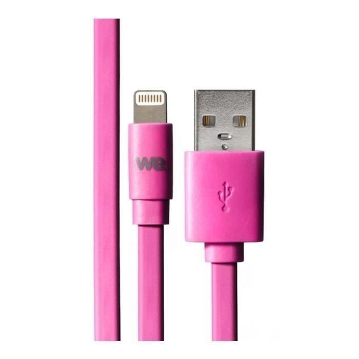 Câble Apple USB/lightning plat Compatible avec iPhone: évite de faire des noeuds 1m Fushia - en silicone