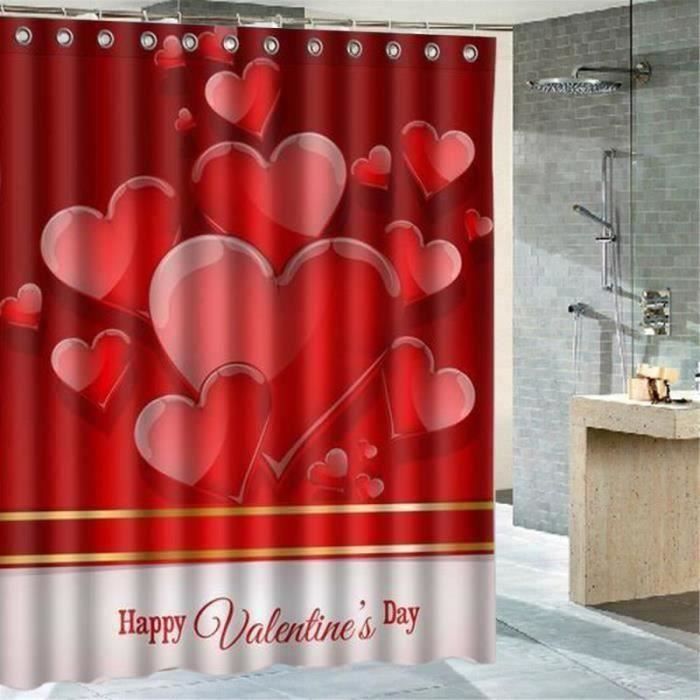 Saint Valentin Coeur Amour salle de bains Tissu imperméable rideau de douche Set de 12 crochets