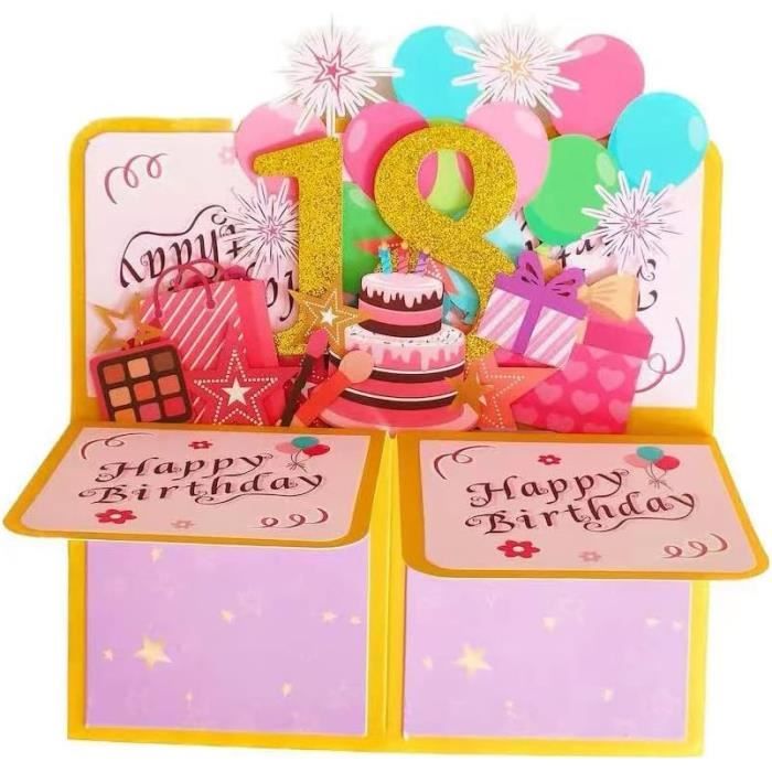 Carte anniversaire pop up boîte 18 ans feux d'artifice rose et rayures  holographiques 3d fait main - Un grand marché