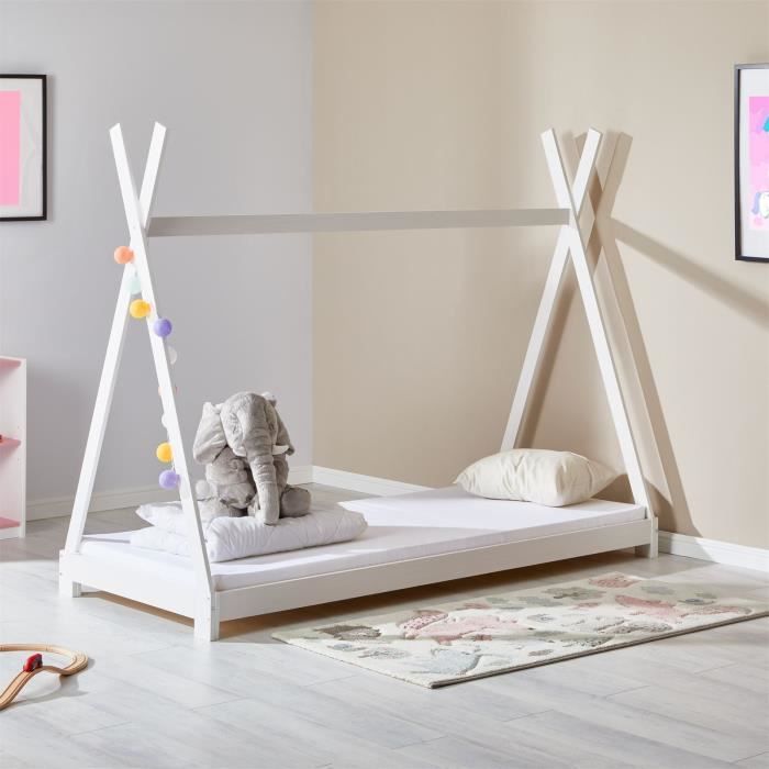 Lit tipi ELIN lit enfant simple en bois, 90 x 200 cm, en pin massif lasuré  blanc - Cdiscount Maison