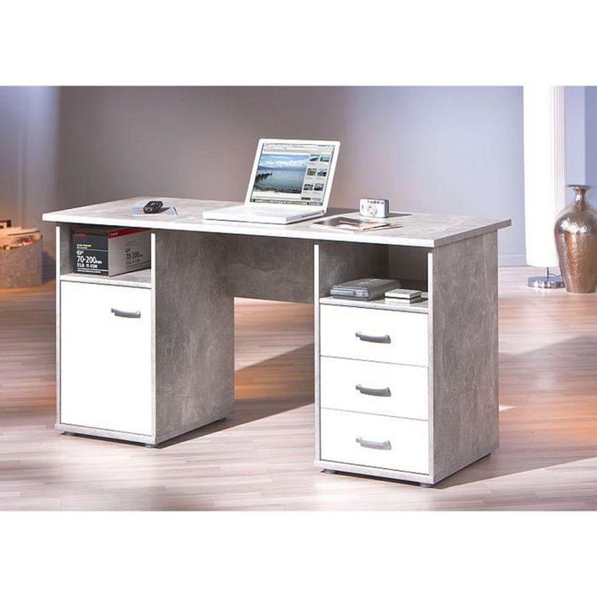Bureau En Beton Avec 3 Tiroirs 1 Porte Et 2 Niches Coloris Gris Clair Blanc Dim L 148 X P 60 X H 75 Cm Achat Vente Bureau Bureau En Beton Avec 3 Tiroirs Cdiscount