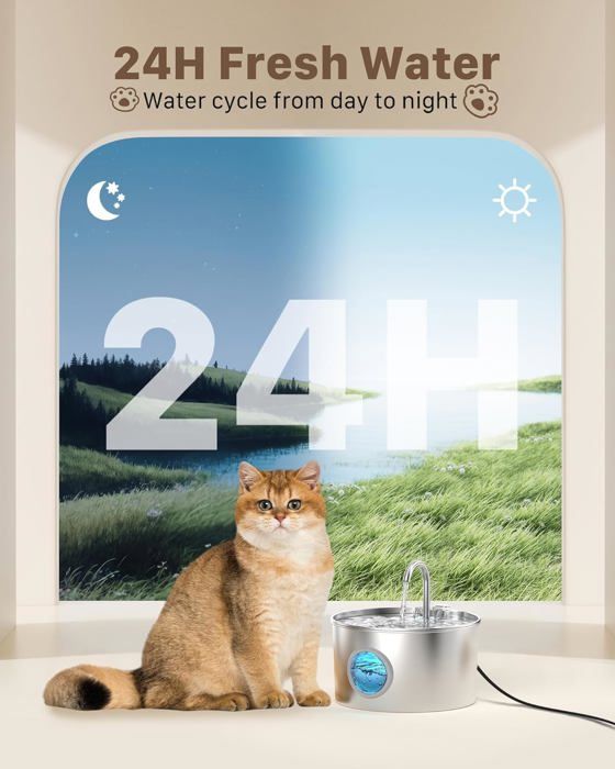 Fontaine à Eau Automatique Pour Chat/chien 2,2L - Acier Inoxydable, Triple Filtration, Silencieuse, Avec LED