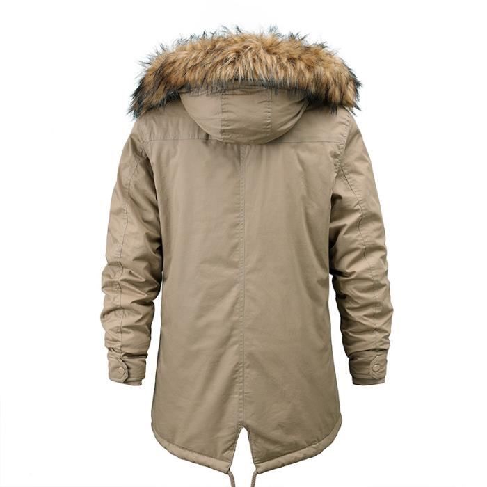 Parka fishtail homme a capuche amovible en fausse fourrure chaud multi poches avec zipper parkas hommes Hiver Kaki fonce Kaki fonce Cdiscount Pret a Porter