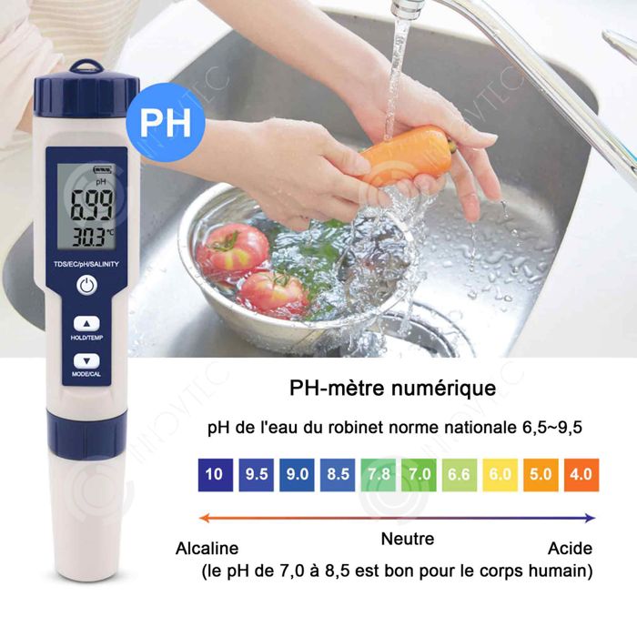 PH-Mètre 5 En 1 Testeur PH EC TDS Sel Température - Pour Piscine, Aquarium, Eau Potable