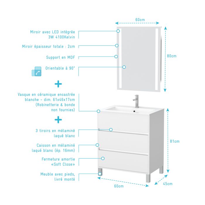 Meuble Salle De Bain Neon 60 Cm Blanc - Mr.Bricolage Maroc Meuble Salle De Bain Neon 60 Cm Blanc - Mr.Bricolage Maroc