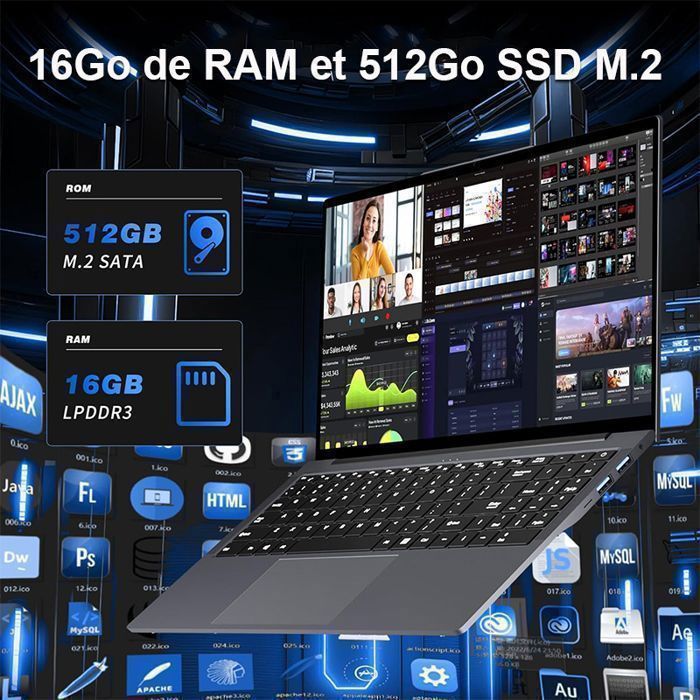 PC Portable-15.6", intel Core 8100Y(Jusqu'à 3,4 GHz),16G0 RAM 512Go SSD ...