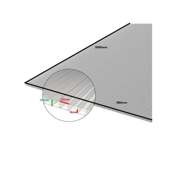 Plaque polycarbonate alvéolaire 10mm Translucide, l : 98 cm, L : 3 m