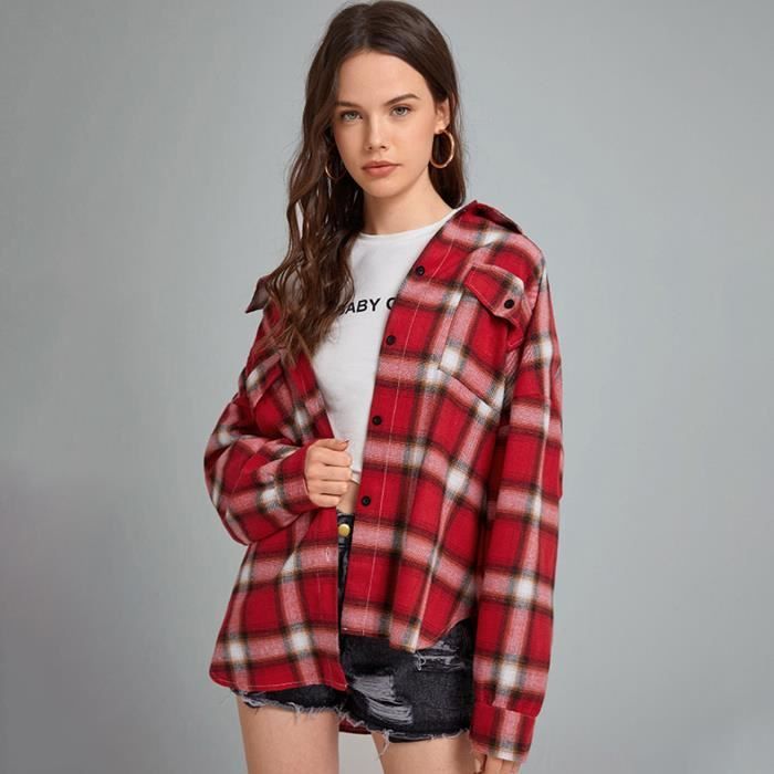 Chemise à carreaux rouge pour femme FUNMOON manches longues et