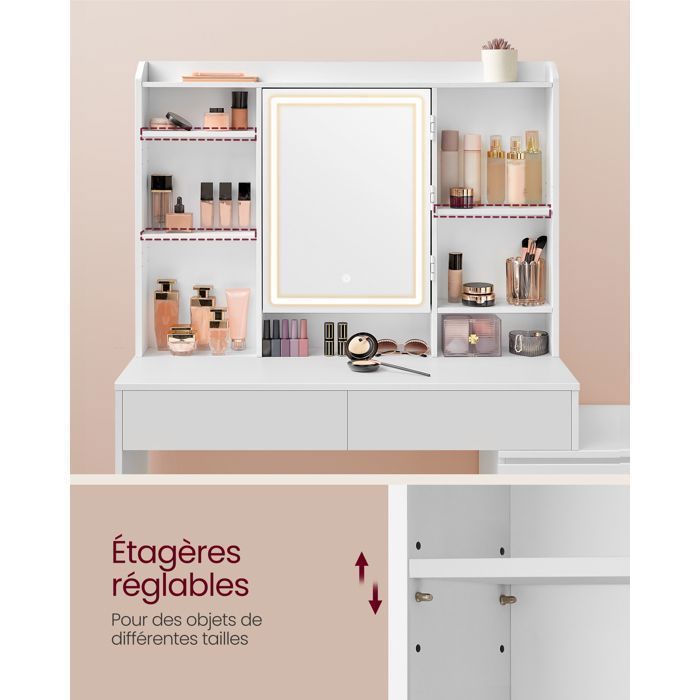 Coiffeuse, Grand Miroir LED à Luminosité Réglable, étagères Réglables, Moderne, Blanc Nuage - Coiffeuse - Tabouret