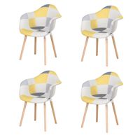 BenyLed Lot de 4 chaises de salle à manger avec revêtement en tissu patchwork, pieds en hêtre massif naturel (JAUNE)