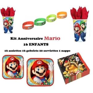 KIT DE DECORATION Mgs33 (cde 8 ) Kit Anniversaire Mario Complet XXL 16 Enfants (16 Assiettes, 16 gobelets, 20 Serviettes, 18 Bracelets )