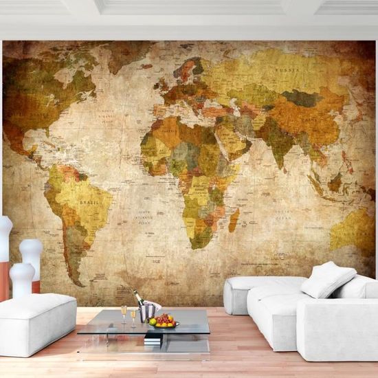 Tapisserie Murale Carte Du Monde Style Rustique Brique - Impression Sur Tissu - Neuf