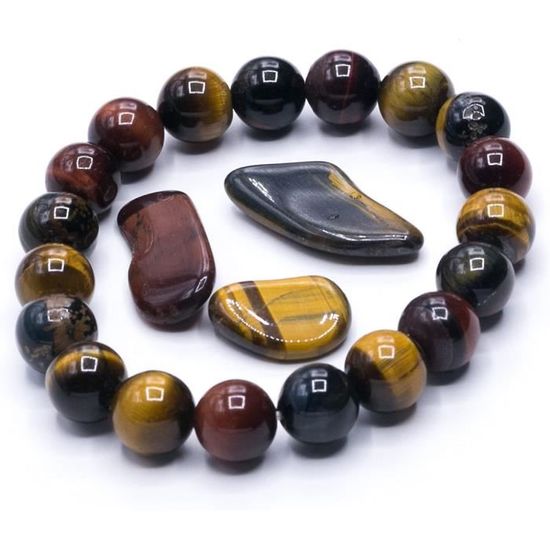 Collier Perles Homme/femme En Pierre Oeil De Tigre (Oeil De Taureau, Faucon) - Fait Main, Sans Fermoir