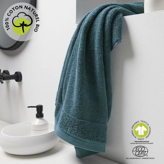 Drap De Bain En Coton Bio - 90x150cm, 450 Gsm, éponge - Bleu Paon, Uni - Lavable 40°C, Origine Pakistan - Idéal Salle De Bain, Cadeau