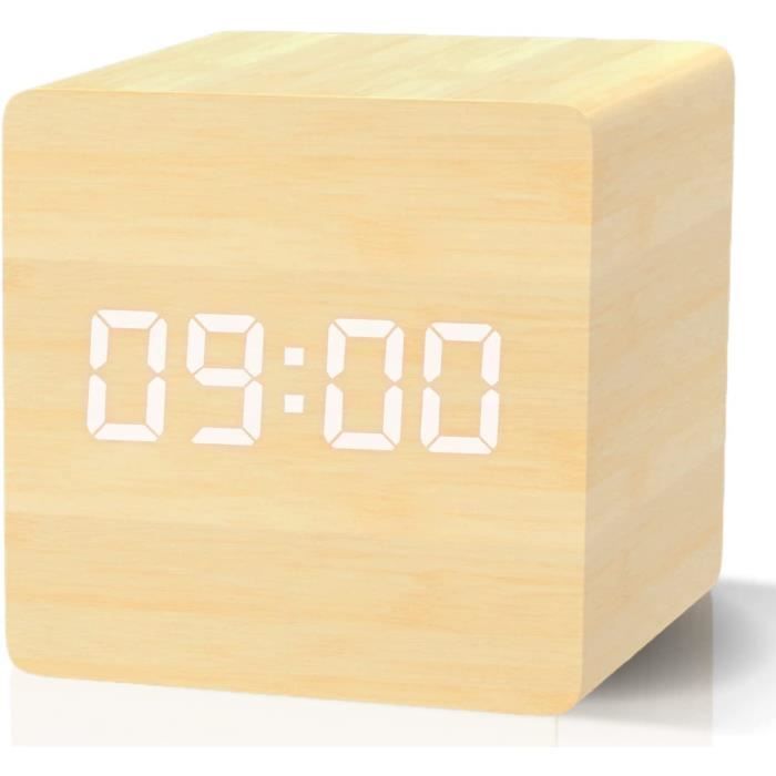 Réveil LED Numérique Sur Pied En Bois - Luminosité Réglable, Facile à Lire, Fonction Alarme - 12x7x8 Cm