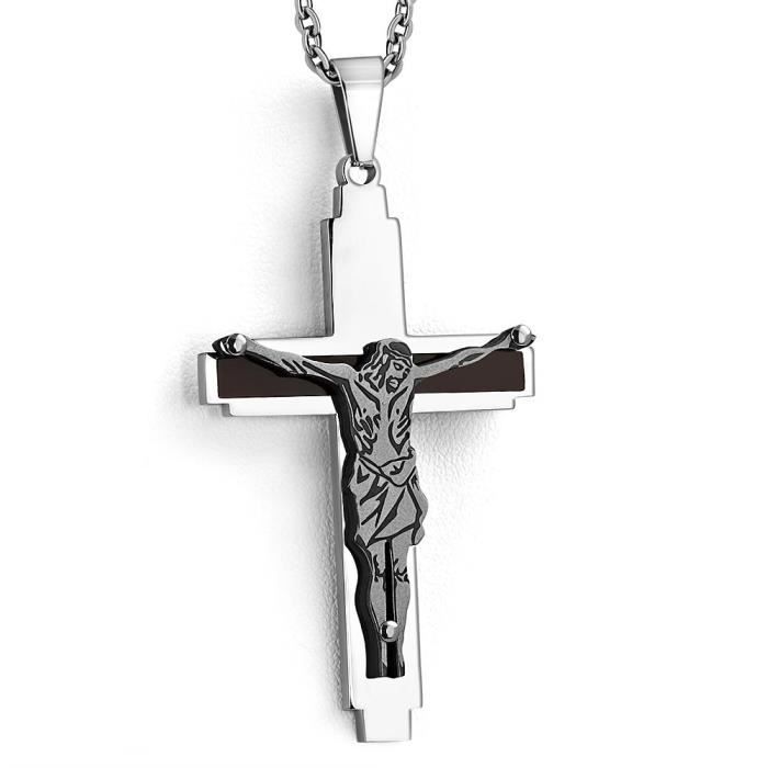 Pendentif homme en acier croix Jésus Christ crucifiée et chaine