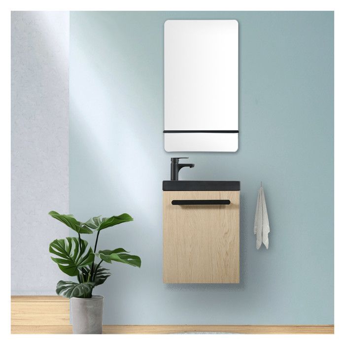 Meuble lave-mains décor chêne vasque noire NEVADA avec robinet noir et miroir