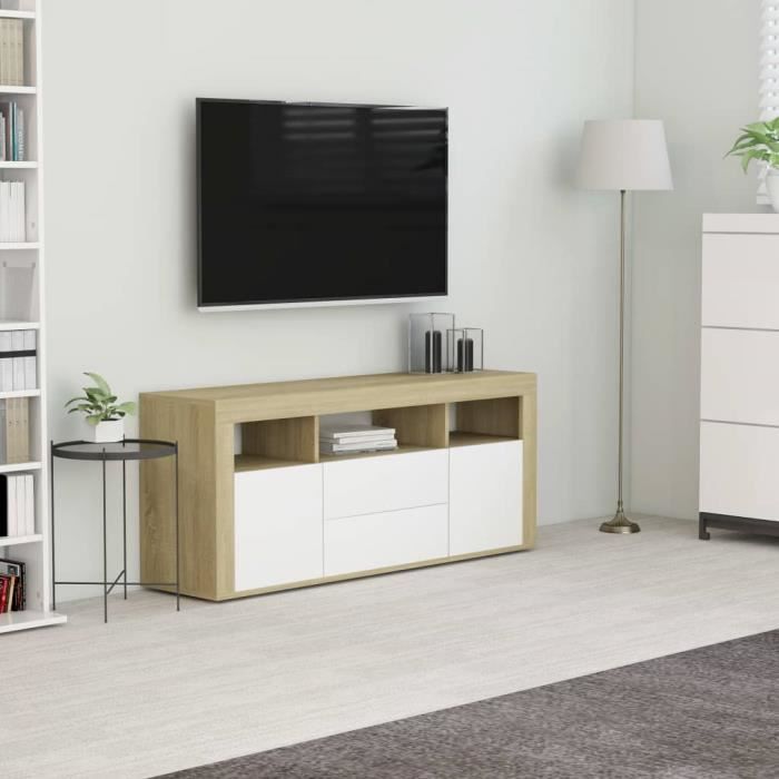 Luxueux Meuble TV Design - Meuble de rangement Meuble de Télévision Blanc et chêne sonoma 120x30x50 cm Aggloméré ♫90504