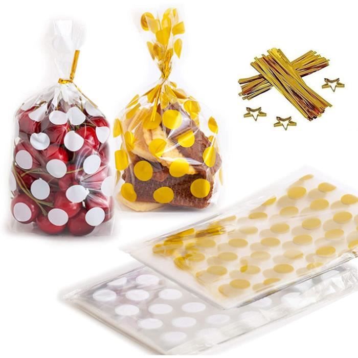 200 Pcs Sachet Plastique Bonbon avec 200 Pcs Attaches Dorées, Sachet Plastique Bonbon Anniversaire, Sachet de Bonbon pour Biscuits,