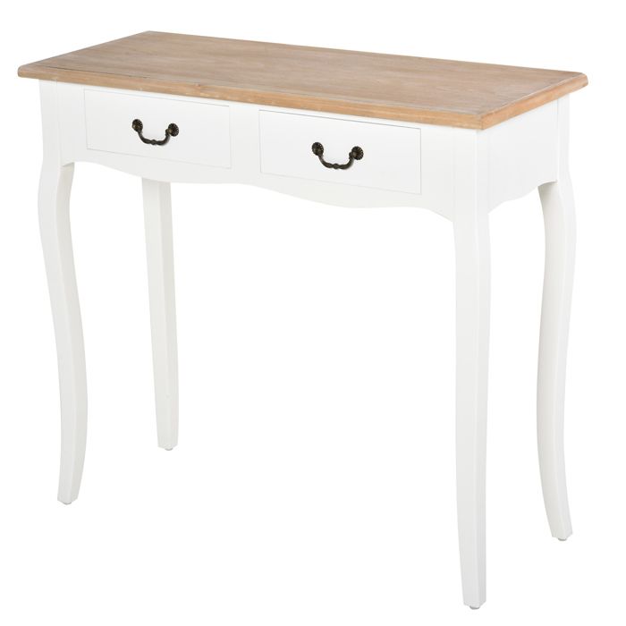 Console style table de drapier style shabby chic 2 tiroirs dim. 87L x 34l x 78H cm MDF bois massif pin clair blanc 87x34x78cm Blanc