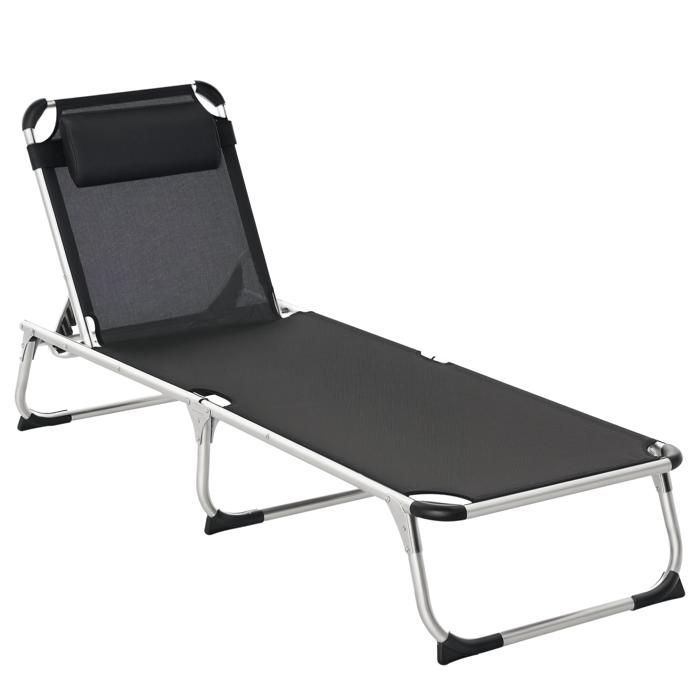 Bain de soleil transat pliable grand confort dossier réglable multi-position tétière alu. textilène noir