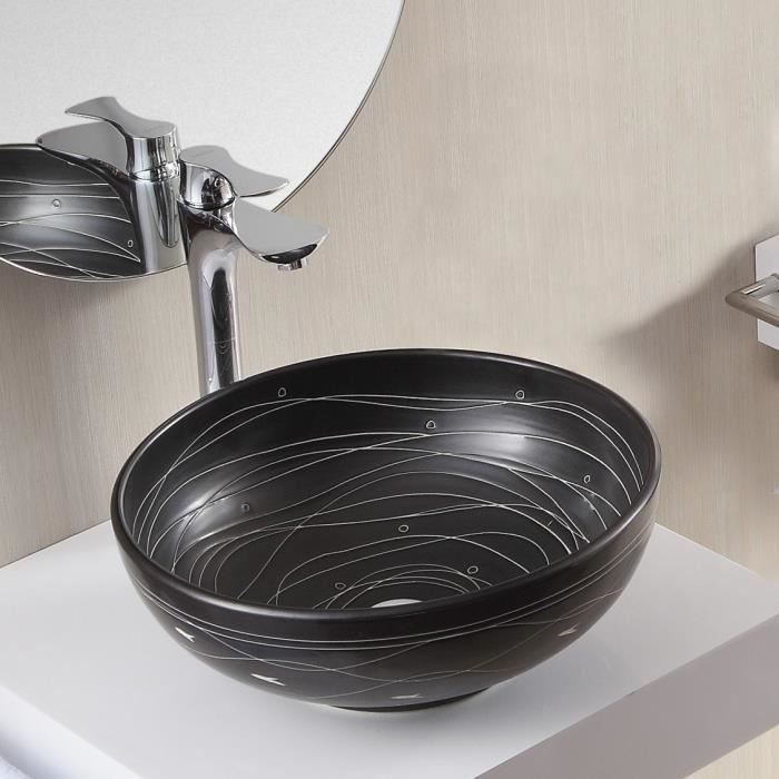 Vasque à Poser Ronde - Céramique Noire rainurée Blanc - 41 cm ? Dark