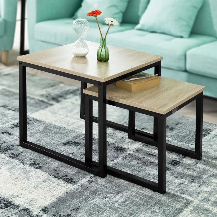 SoBuy® Set de 2 Tables Basses FBT42-N Gigognes empilables design industriel bois et métal noir