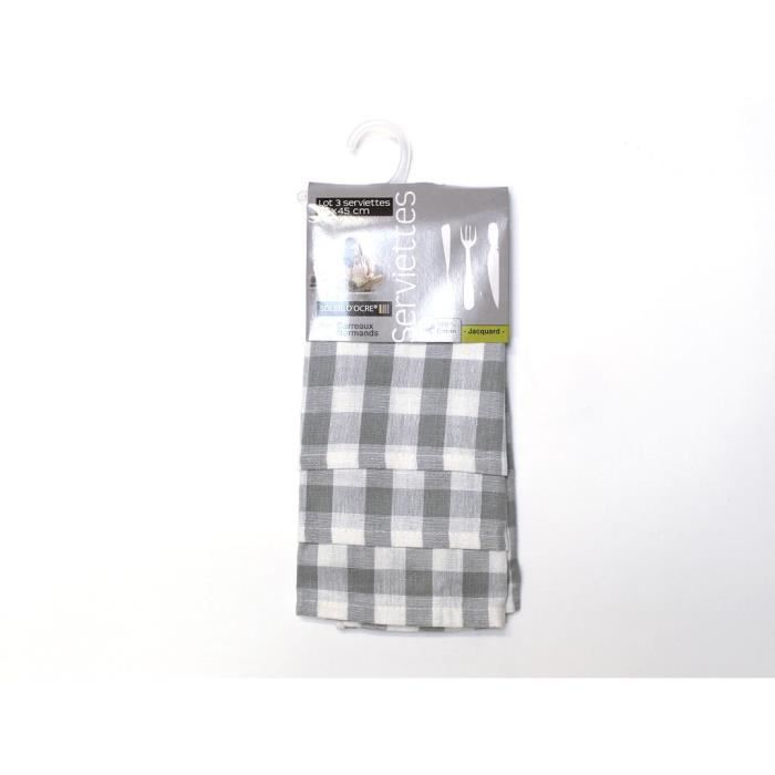 Lot de 3 serviettes en coton CARREAUX NORMANDS gris, jacquard 45x45 cm