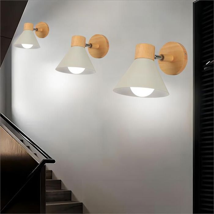 WOTTES Lots de 3 Applique Murale Vintage Industrielle Luminaire E27 en Métal et bois Réglable Interieur Blanc pour Cuisine