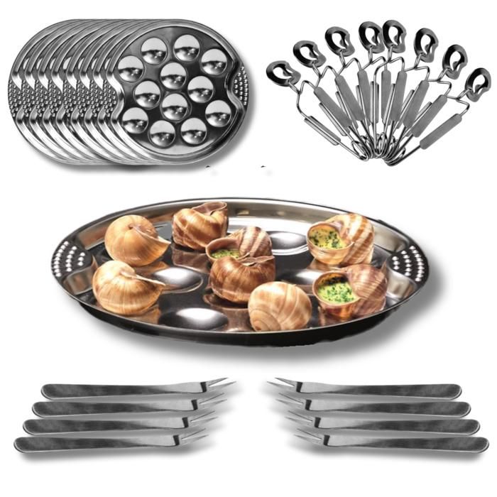Service à Escargots 8 Personnes - 8 Assiettes 12 trous 8 Pinces et 8 Piques en Acier Inoxydable - Coffret Complet dUstensiles