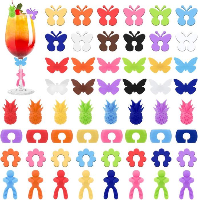 Lot De 36 Marqueurs De Verre En Silicone - 4 Styles (ananas, Fleur, Boucle, Anneau) - Réutilisables Pour Fêtes