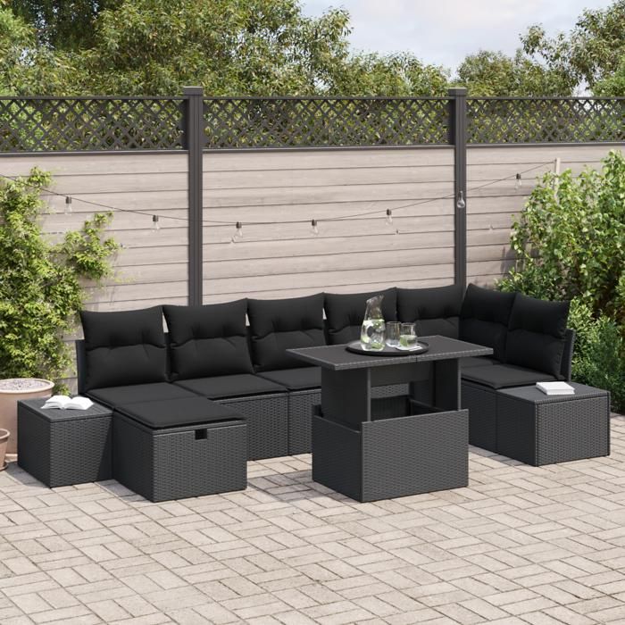vidaXL Canapé de Jardin 8 Pièces avec Coussins Noir 3359890