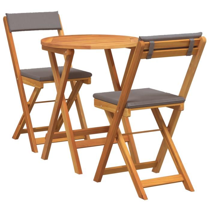 （90251） Ensemble Bistro Pliable 3 pièces avec 2 Chaises - avec Coussins en Bois Massif Acacia - pour TerrasseSalon