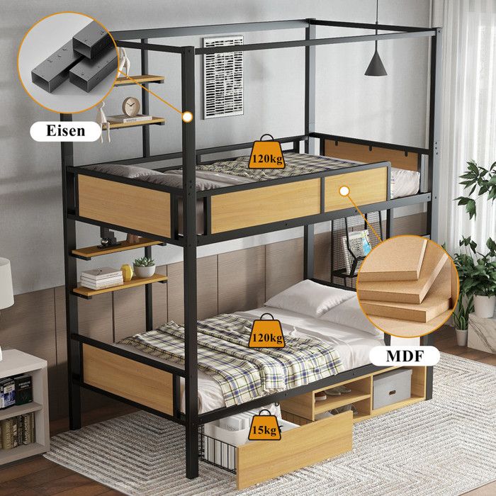 Lit superposé 90 x 200 cm avec barrières et échelles robustes Lit enfant avec tiroir et Étagère de rangement Lit 2 personnes