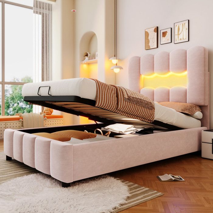 Lit coffre capitonné - MODERNLUXE - 90x200 cm - LED - tête réglable - velours rose Lit coffre capitonné - MODERNLUXE - 90x200 cm - LED - tête réglable - velours rose