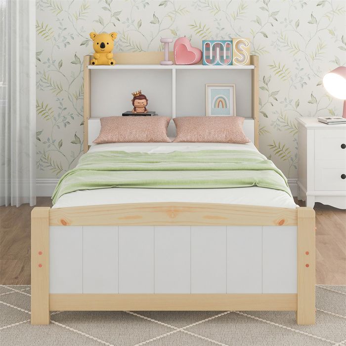 Lit simple bois massif 90 x 200 cm avec tête de lit coffre Marron - sans matelas