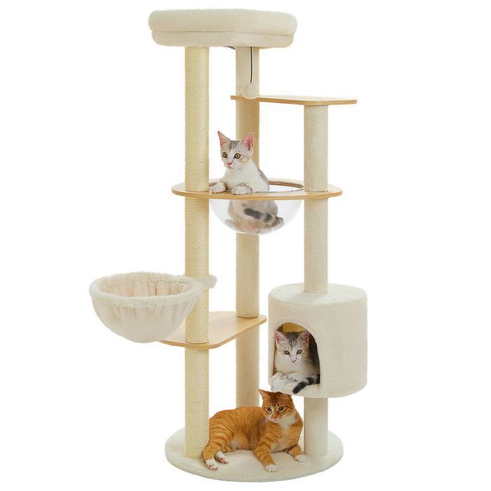 PAWZ Road Arbre à Chat 136 cm en Bois Multi-Niveaux et Stable avec Hamac Suspendu Nid Acrylique et Maisonette Beige